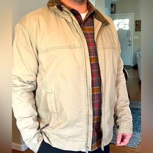 PRANA Khaki canvas Faux Fur Bronson Winter Jacket  Quilted Lining Men’s Sz Large